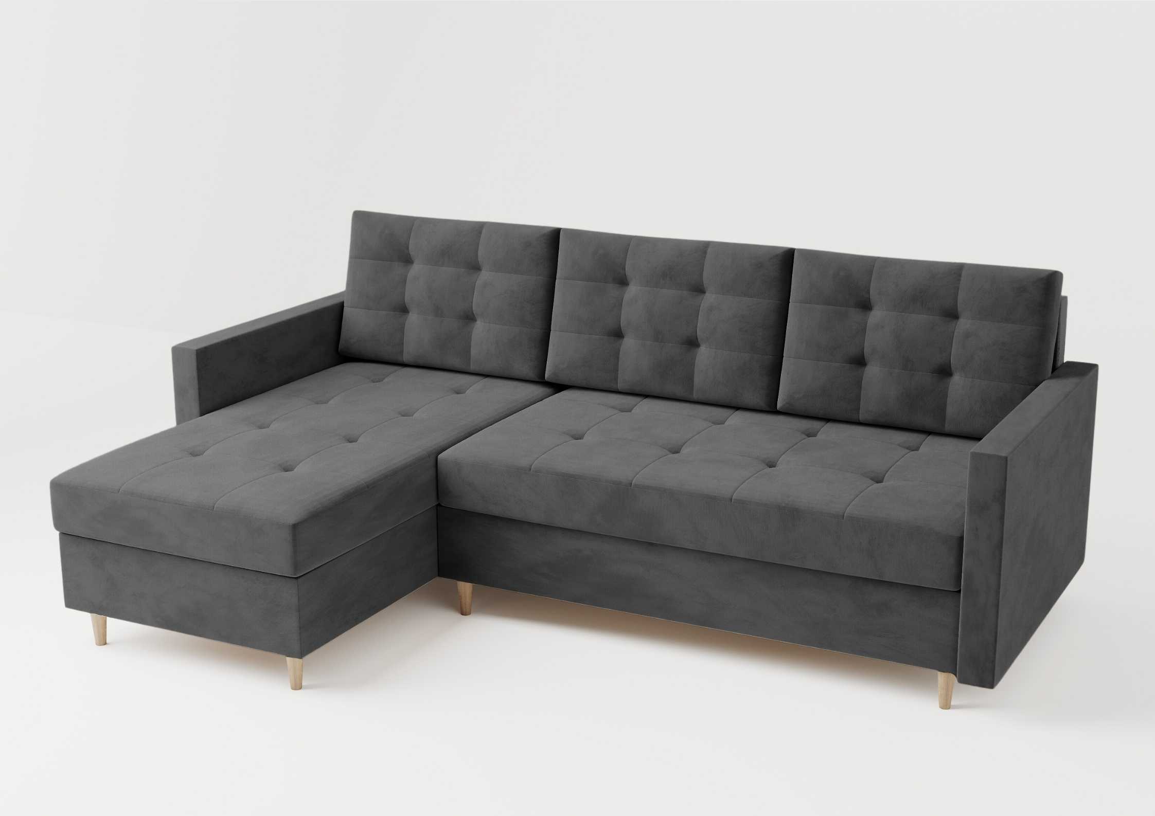 Skandynawski narożnik na drewnianych nogach rozkładany. Pikowana rogówka w kolorze grafitowym